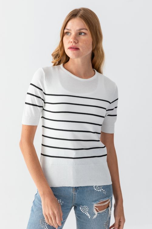 Striped Knitwear T Shirt With Ribbed Hem